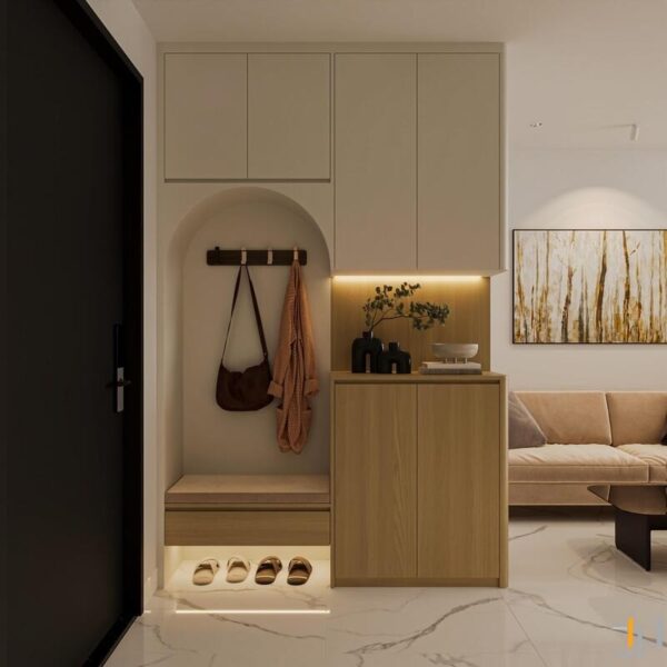 gương và tủ kệ tích hợp ở lối vào cung cấp không gian lưu trữ và chuẩn bị trang phục tiện lợi