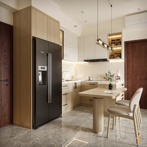 Thiết kế nội thất nhà bếp hiện đại với tủ lạnh Bosch màu đen
