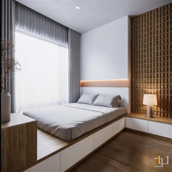 Giường ngủ có đầu giường bọc nệm đơn giản được đặt giữa mảng tường màu đất và vách ốp sọc đứng