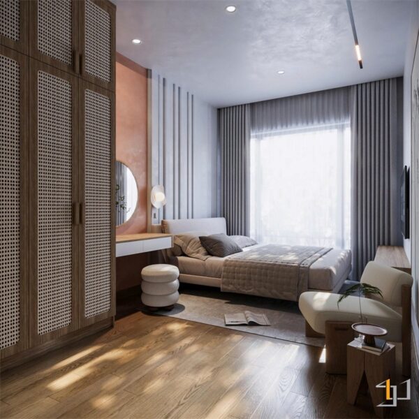 bên cạnh là vách trang trí bằng nan gỗ mộc mạc tích hợp đèn ngủ