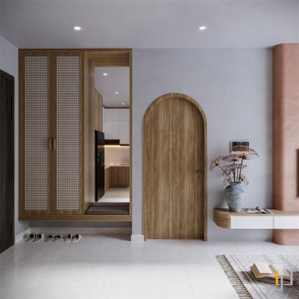 Tủ giày kết hợp vách ngăn được thiết kế treo tường với mặt trước bằng mây/tre đan