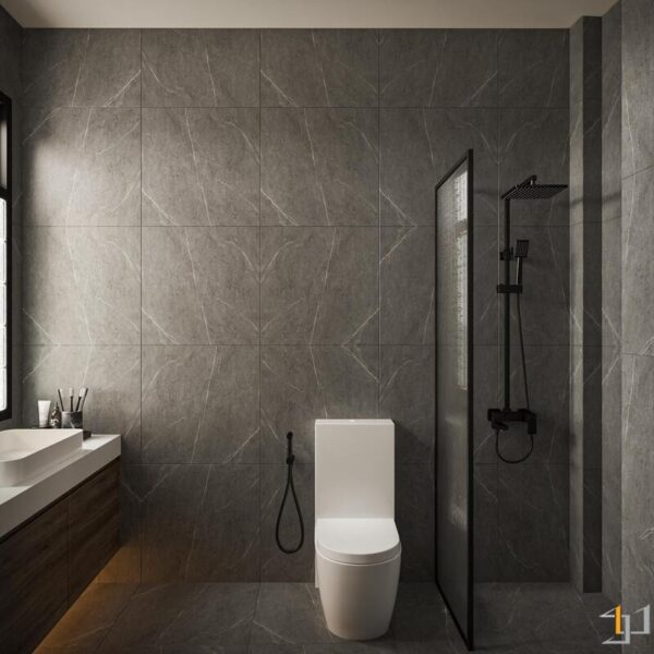 Phòng tắm được ốp gạch lớn vân đá tối màu từ sàn lên tường, tạo nên một không gian hiện đại và liền mạch