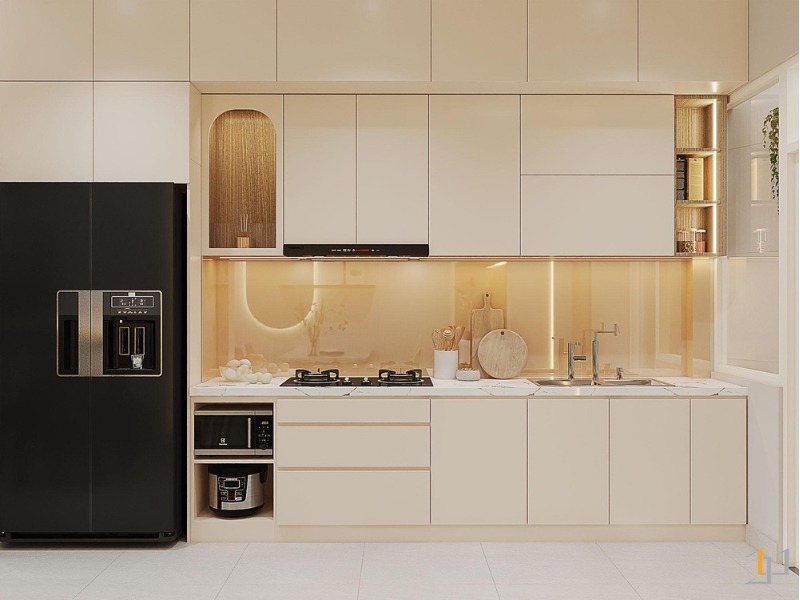 Tủ bếp Melamine TB125 hiện đại với tông màu trung tính kết hợp với ốp lưng kính cường lực, tạo sự sang trọng