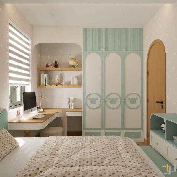 bàn học tích hợp kệ sách dưới cửa sổ