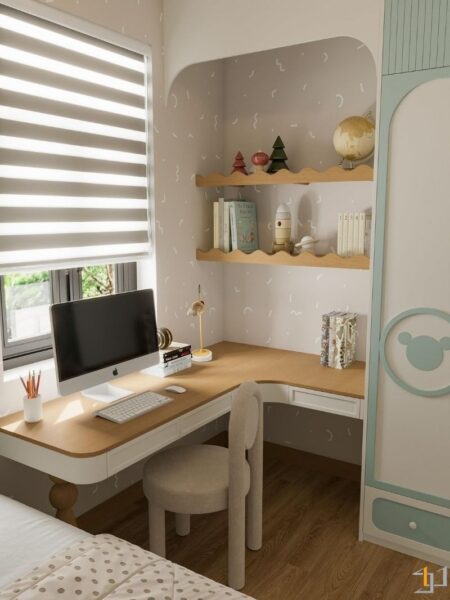 bàn học đặt cạnh cửa sổ tận dụng ánh sáng tốt nhất cho việc học