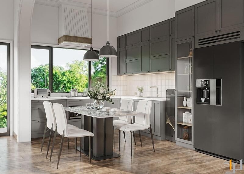 Thiết kế nội thất bếp với tông màu xám chủ đạo.