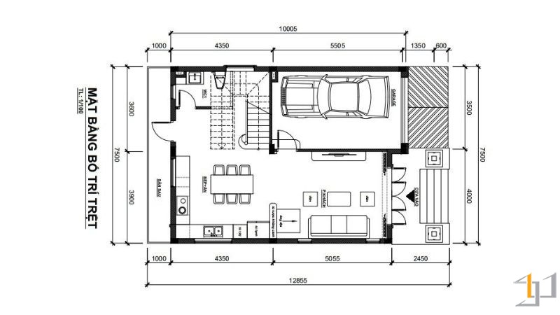Bản vẽ mặt bằng bố trí nội thất tầng trệt nhà phố quận 12