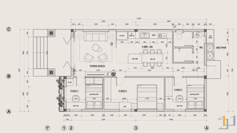 Bản vẽ mặt bằng bố trí nội thất nhà phố sân vườn 1 tầng