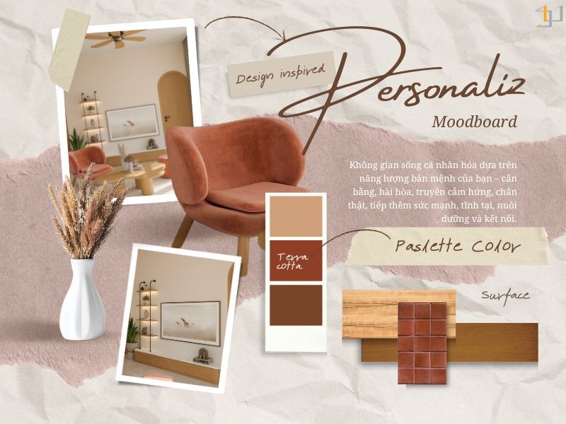 Moodboard thiết kế cá nhân hoá với bảng màu ấm, chất liệu tự nhiên và hình ảnh không gian minh hoạ theo Dụng Thần.