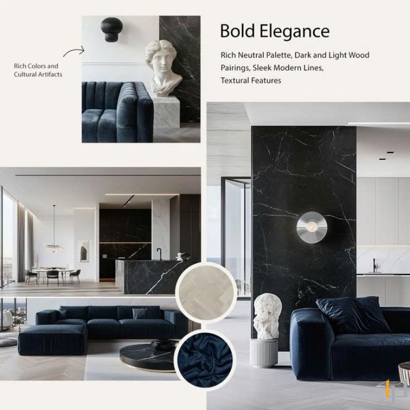 Moodboard thiết kế nội thất BST Thủy An Nhiên với sofa xanh navy và đá marble đen.