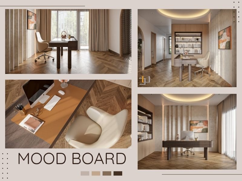 Moodboard phòng làm việc tông màu đất ấm với chất liệu đá, gỗ và trang trí trung tính – đại diện năng lượng Thổ.