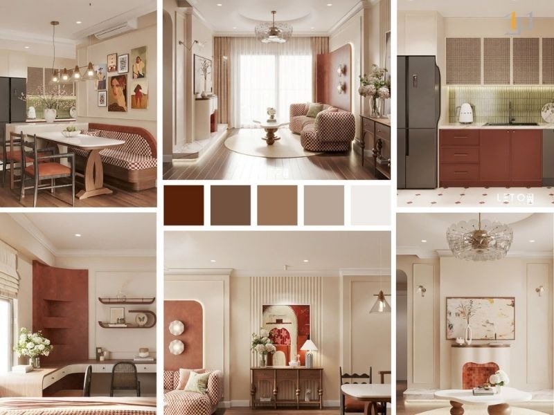 Moodboard thiết kế nội thất BST Hỏa Nhiệt Huyết với tone màu cam đất và nâu đỏ.