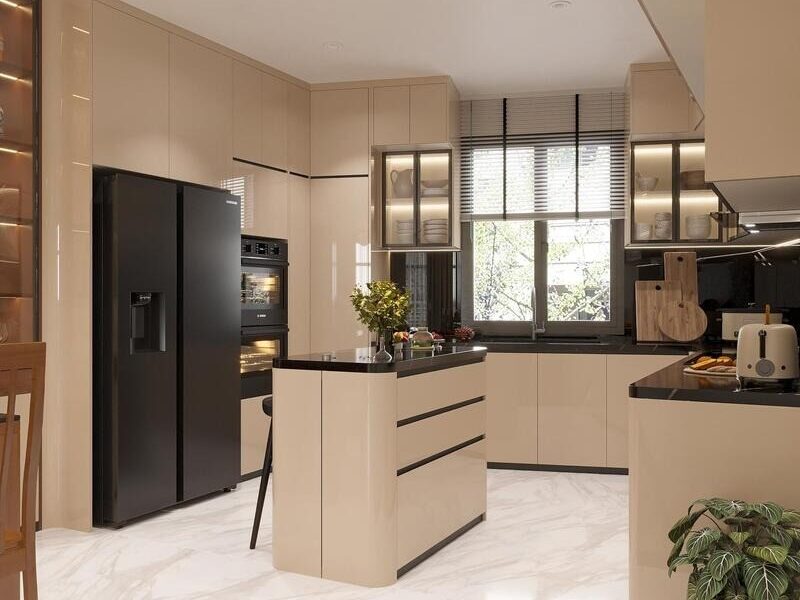 Thiết kế nội thất nhà bếp hiện đại với tủ màu be