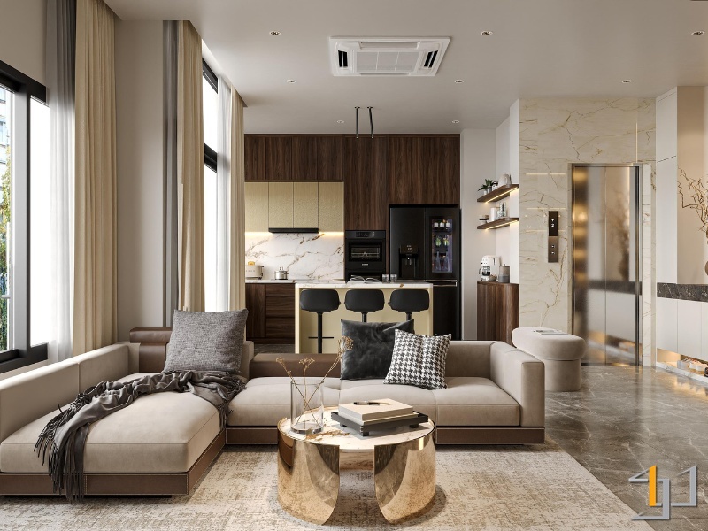 Nội thất phòng khách liền bếp phong cách hiện đại, nhà phố 3 tầng Phú Nhuận