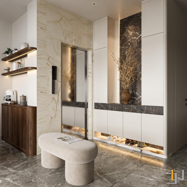 Thiết kế nội thất lối vào hiện đại với tủ giày thông minh và vách đá tự nhiên