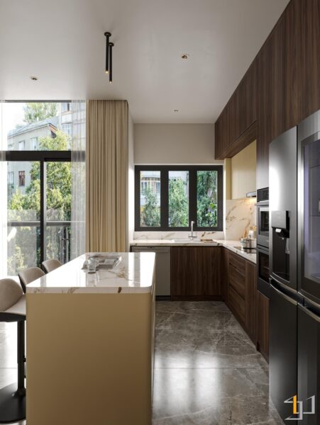 Thiết kế bếp hiện đại với đảo bếp và tủ gỗ tối màu sang trọng