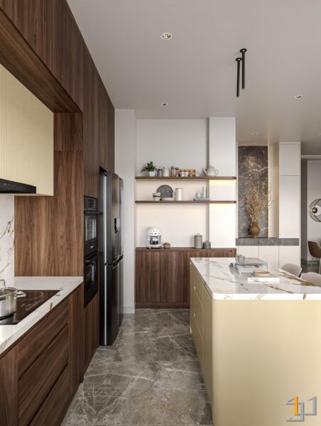 Bếp hiện đại với đảo bếp trung tâm và tủ gỗ óc chó ấm cúng