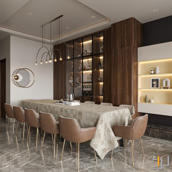 Bàn ăn trang nhã với tủ rượu gỗ sang trọng và đèn chùm độc đáo