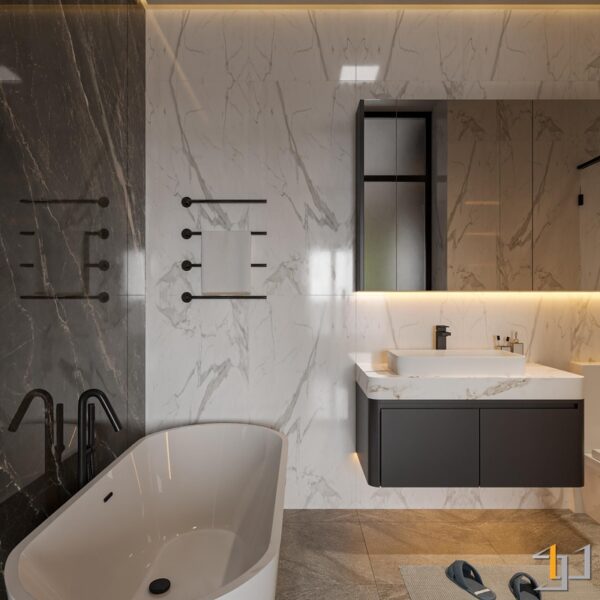 Thiết kế phòng tắm hiện đại với bồn tắm và tường ốp đá marble sang trọng