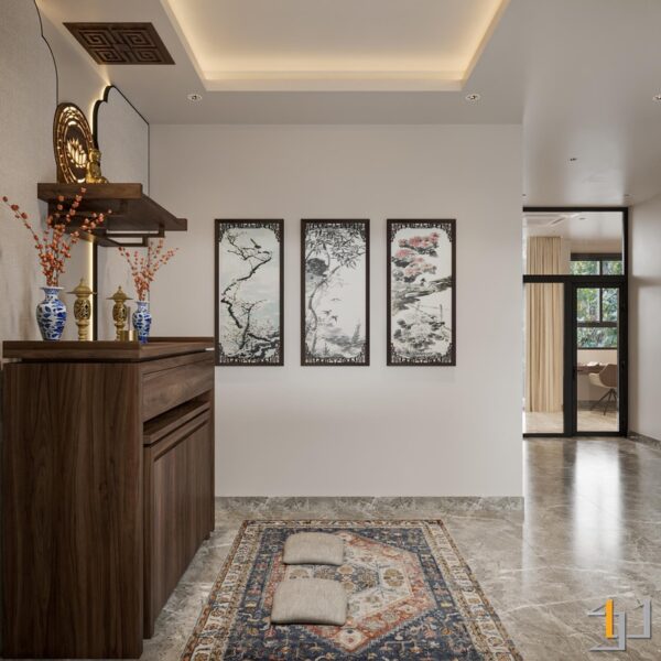 Bàn thờ gia tiên trang trí tranh thủy mặc và thảm lót sàn họa tiết truyền thống