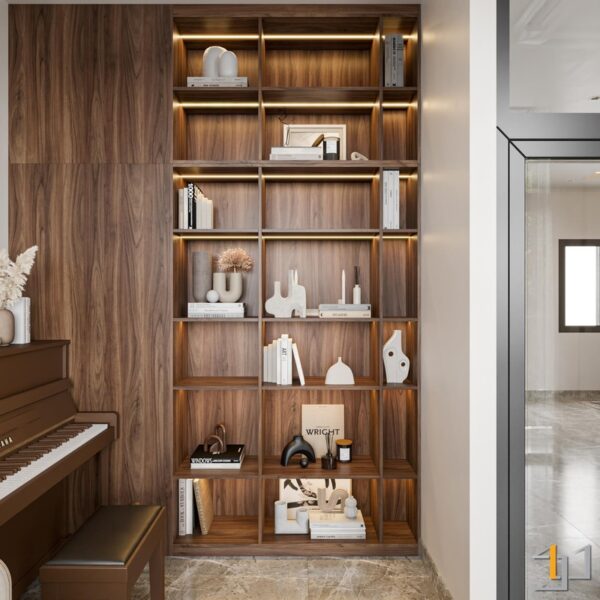 Kệ sách gỗ óc chó tích hợp đàn piano, thiết kế nội thất sang trọng và ấm cúng
