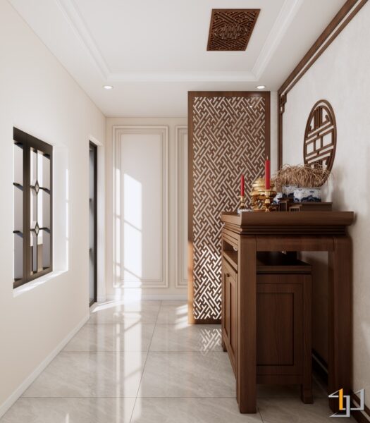 Không gian thờ cúng trang nghiêm với tủ thờ gỗ tự nhiên, cùng vách ngăn CNC hoa văn, tạo sự cân bằng và lưu thông khí tốt.