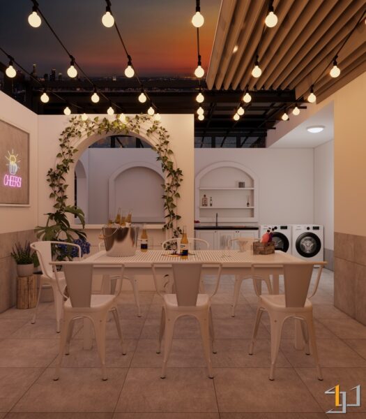 Không gian giải trí ngoài trời với ánh sáng dịu nhẹ từ đèn tròn, cùng thiết kế mở tạo cảm giác gần gũi và thư thái.