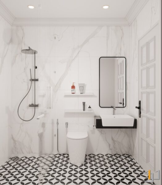Phòng tắm phong cách tân cổ điển với gạch ốp tường vân đá cẩm thạch sang trọng, sàn nhà họa tiết hoa văn đen trắng ấn tượng và vách kính .