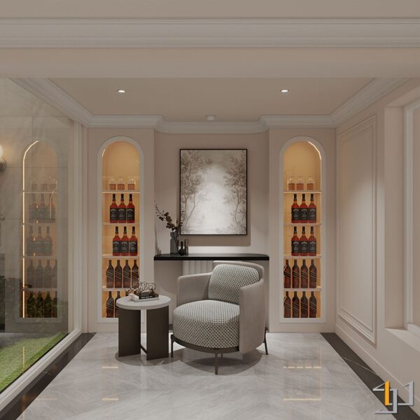 Phòng giải trí sang trọng với kệ rượu âm tường và ghế thư giãn