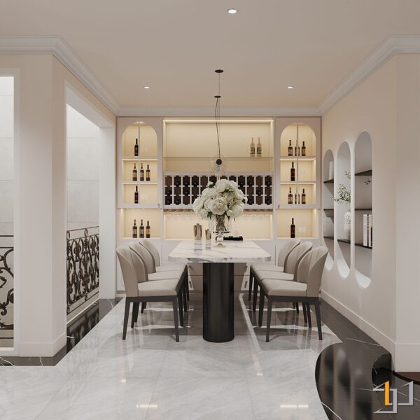 Phòng ăn sang trọng với tủ rượu âm tường và bàn ăn tròn.