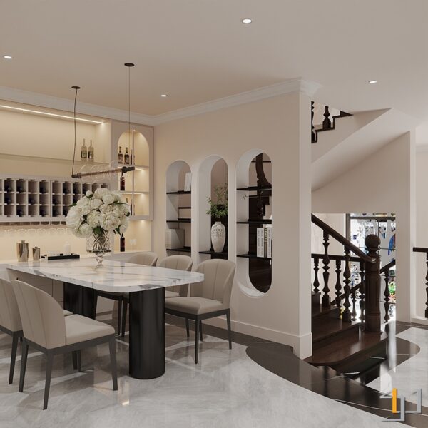 Không gian phòng ăn và khu vực cầu thang được thiết kế hài hòa về mặt thẩm mỹ với sự kết hợp của ánh sáng và các chi tiết nội thất tinh tế.