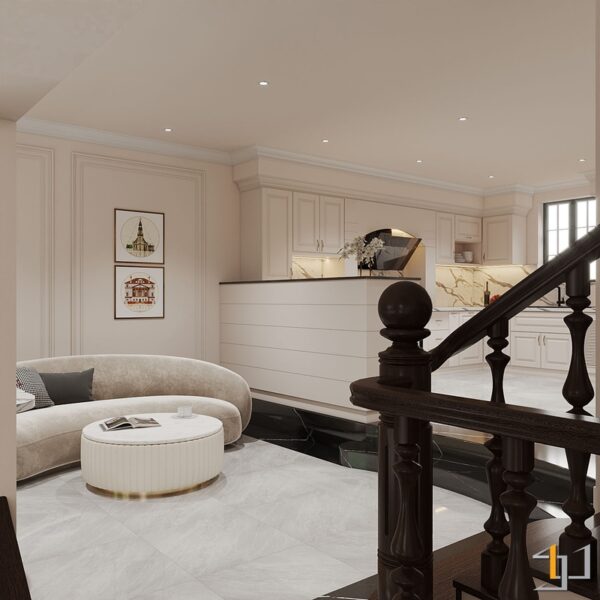 Thiết kế nội thất phòng khách và bếp liên thông với gam màu be chủ đạo, kết hợp đường nét kiến trúc cổ điển và các chi tiết nội thất bo tròn mềm mại.