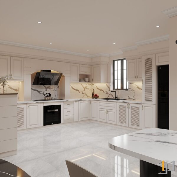 Thiết kế nội thất bếp phong cách tân cổ điển với ánh sáng tự nhiên