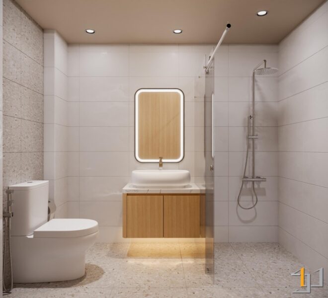 Thiết kế phòng tắm hiện đại với vách kính tắm đứng, bồn rửa và gương đèn LED hình chữ nhật