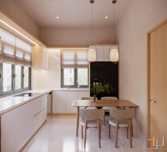 Thiết kế bếp ăn hiện đại với tủ lạnh đen nổi bật và bàn ăn ấm cúng, tận dụng tối đa ánh sáng tự nhiên.