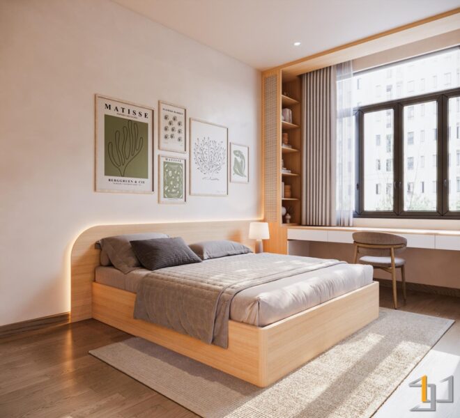 Phòng ngủ hiện đại với giường ngủ bệt đầu giường bo cong, ánh sáng ấm áp và tranh trang trí nghệ thuật