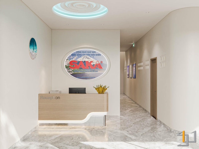 Sảnh lễ tân văn phòng hiện đại, tối giản với logo thương hiệu nổi bật và sàn đá hoa cương.
