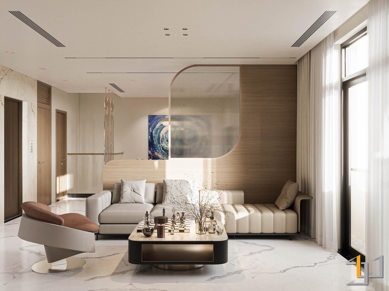 Nội thất phòng khách hiện đại, sang trọng với vách ngăn kính nghệ thuật