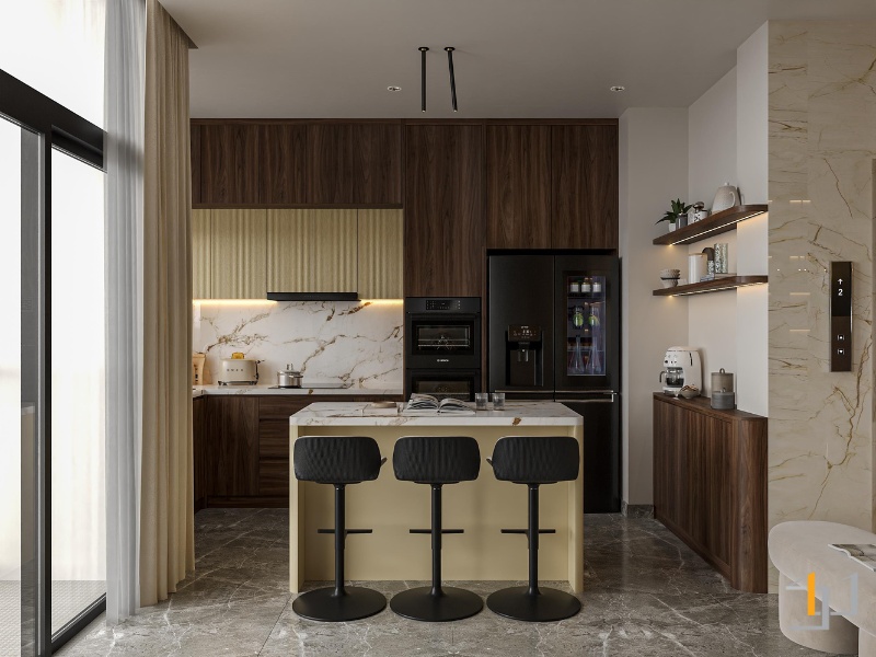 Khu vực bếp được thiết kế tối giản, nổi bật với bếp đảo trung tâm, tủ gỗ sang trọng và các thiết bị hiện đại