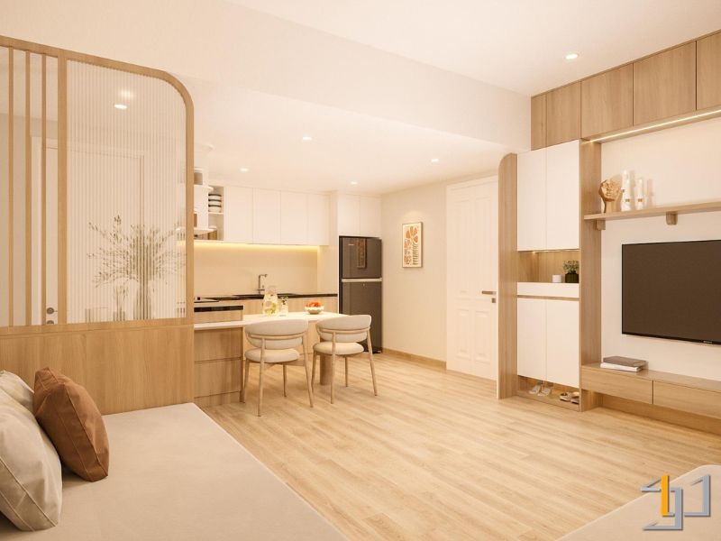Thiết kế nội thất căn hộ phong cách Modern mix Minimal với vách ngăn gỗ và tủ kệ tivi tối ưu