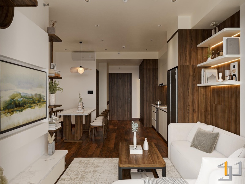 Thiết kế nội thất phòng khách bếp phong cách Japandi ấm cúng và tinh tế