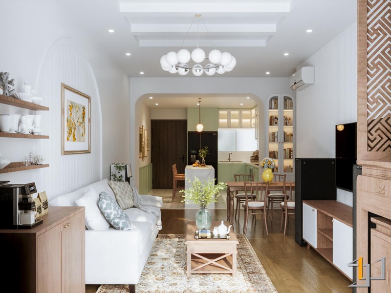 Thiết kế nội thất phòng khách bếp liền kề phong cách farmhouse, sàn gỗ, tủ kệ gỗ