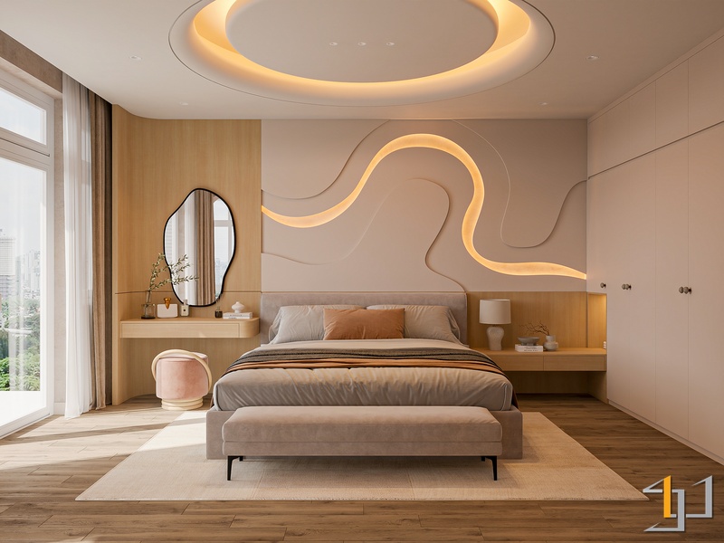 Phòng ngủ nhà phố Mr. Ernest Quận 7 phong cách Wabi-Sabi, bảng màu đất ấm và ánh sáng dịu.