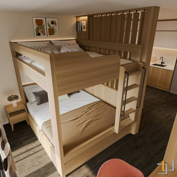 Giường tầng gỗ hiện đại tối giản tích hợp lưu trữ thông minh và khu bếp tiện nghi trong không gian nhỏ.