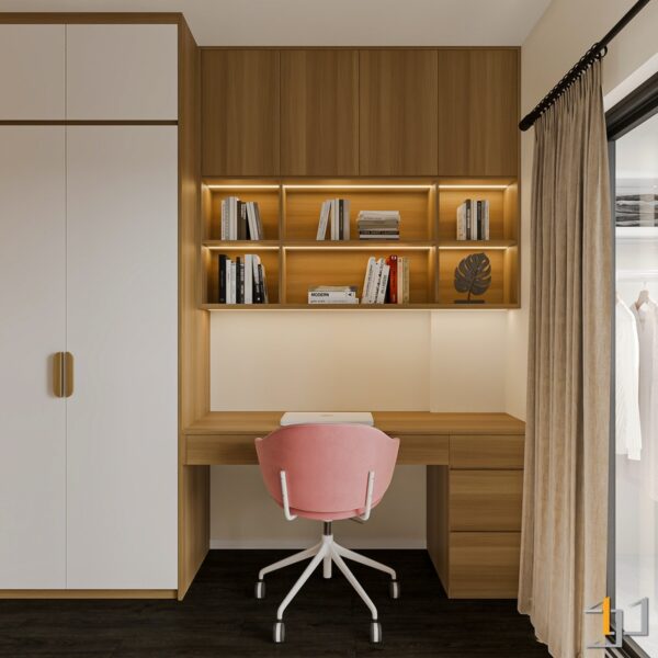 Góc làm việc hiện đại tối giản tích hợp tủ đồ và kệ sách có đèn LED, ghế hồng pastel.