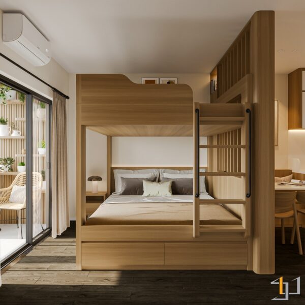 Phòng ngủ tối giản với giường tầng gỗ tự nhiên, ban công xanh mát và không gian đa năng.