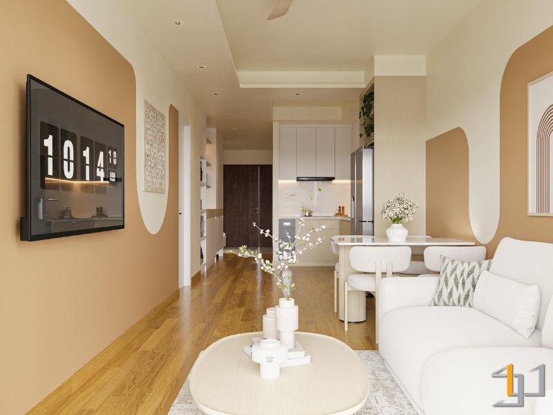 Nội thất phòng khách bếp Japandi tông màu be gỗ ấm áp