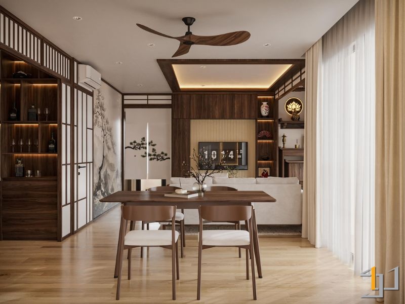 Nội thất phòng khách Japandi với sofa trắng, bàn gỗ, vách ngăn shoji và tranh tường cây tùng nghệ thuật.