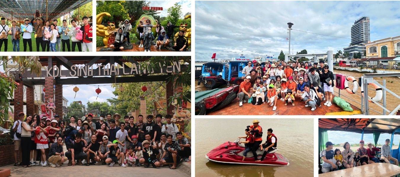 Tổng hợp ảnh các hoạt động teambuilding của S.Housing, bao gồm chụp ảnh tập thể tại khu du lịch, bến sông và tham gia trò chơi dưới nước.