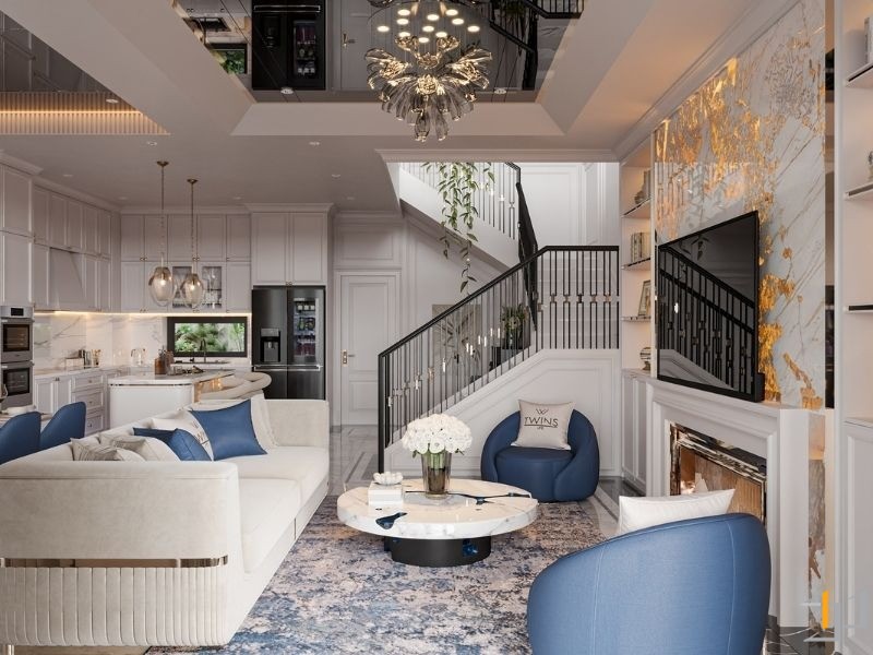 Hình khối đối xứng đặc trưng của phong cách Tân cổ điển tôn lên đường nét linh hoạt và màu sắc đặc trưng của hành Thuỷ